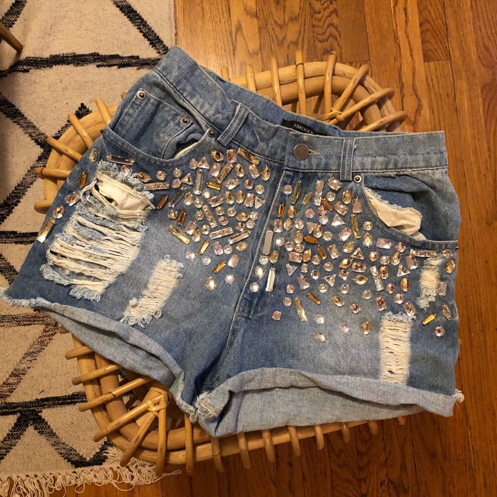 F21 high-waisted ripped shorts w/ gems